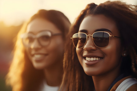 Close up portrait of two african american women in sunglasses smiling and looking at camera.の素材