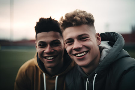 Portrait of two young men laughing and looking at camera on football fieldの素材