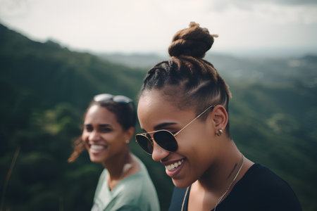 Portrait of two young women smiling on top of a mountain.の素材