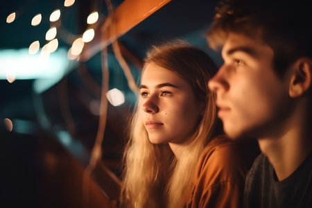 Portrait of a young couple in love on the bridge at nightの素材