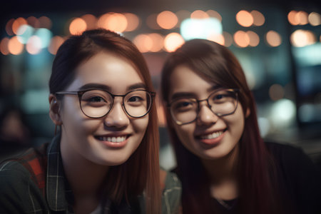 Portrait of two asian women in eyeglasses at nightの素材