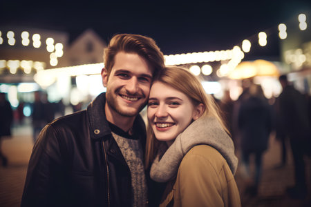 Young couple in love at the Christmas market in the city at nightの素材