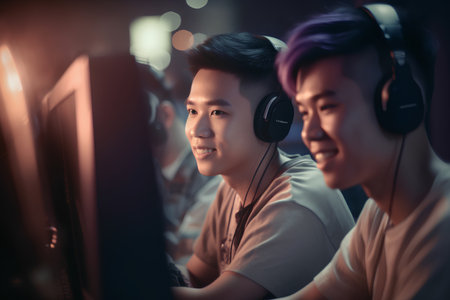 two young asian man playing computer games in the night club.の素材
