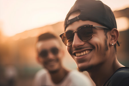 Portrait of a smiling young man with sunglasses on the street.の素材