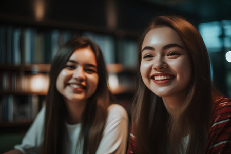 Two happy female students looking at camera and smiling while sitting in libraryの素材