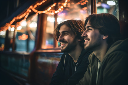 Two young men on the background of a night city street with lightsの素材