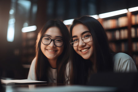 Portrait of two happy female students in eyeglasses looking at camera and smiling while sitting in libraryの素材