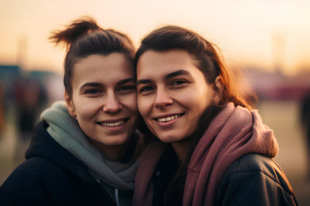 Portrait of two happy young women looking at camera and smiling.の素材