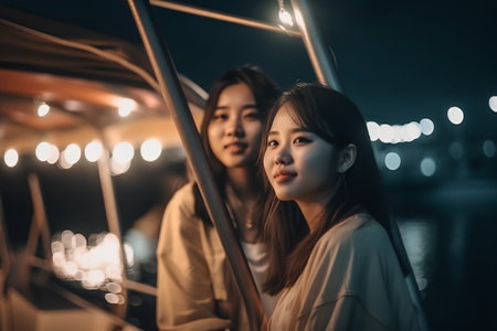 two asian women in the city at night with bokehの素材