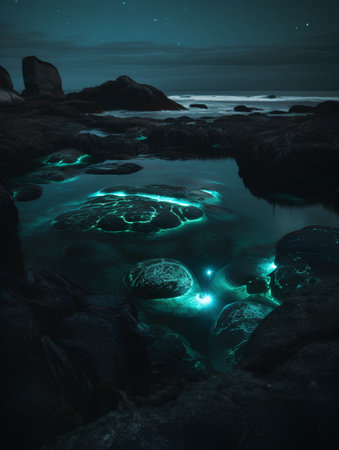 Fantasy landscape with rocks and sea at night. 3d renderingの素材
