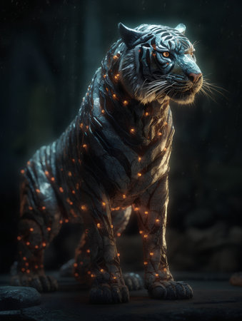 Fantastic tiger with glowing lights on its body. 3d renderingの素材