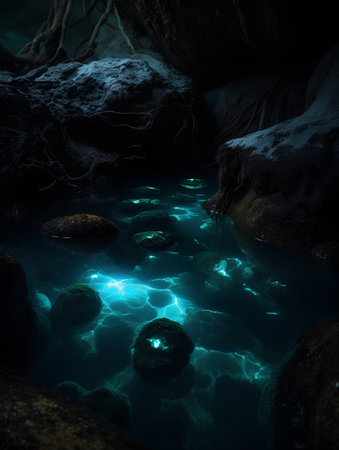 Underwater scene with dark cave and blue light, 3d renderの素材