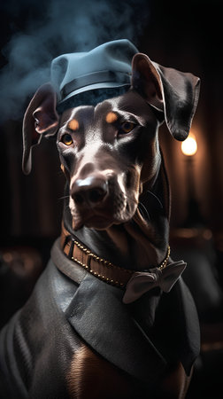 Portrait of a beautiful doberman dog wearing a cap and bow tie.の素材