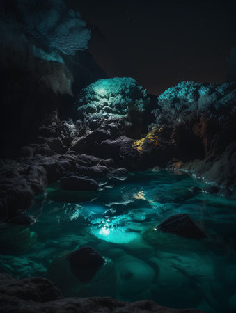 Underwater landscape with coral reef at night. 3d render.の素材