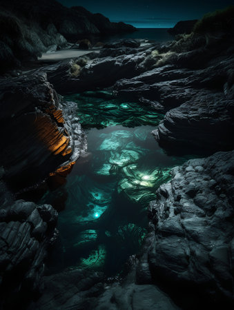 Beautiful night seascape with dark rocks and turquoise waterの素材