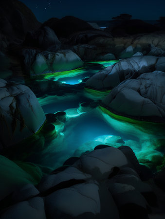 Fantasy landscape with river and rocks at night. 3d renderの素材