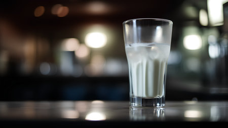 A glass of milk on the table in a restaurant. Selective focus.の素材