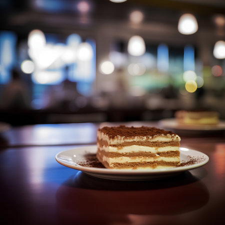 Tiramisu cake on white plate in coffee shop background.の素材