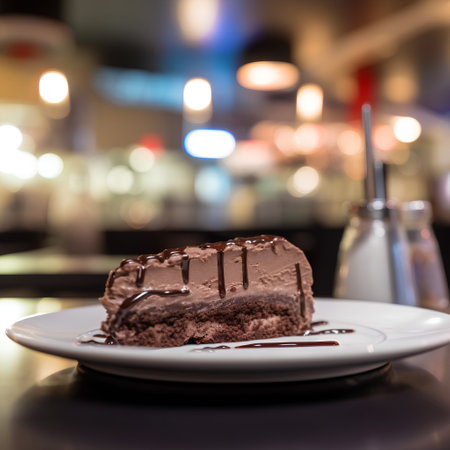 Chocolate cake on white plate in coffee shop background, selective focusの素材
