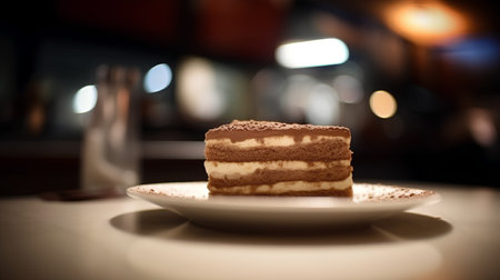 Tiramisu cake on white plate in cafe. Selective focusの素材