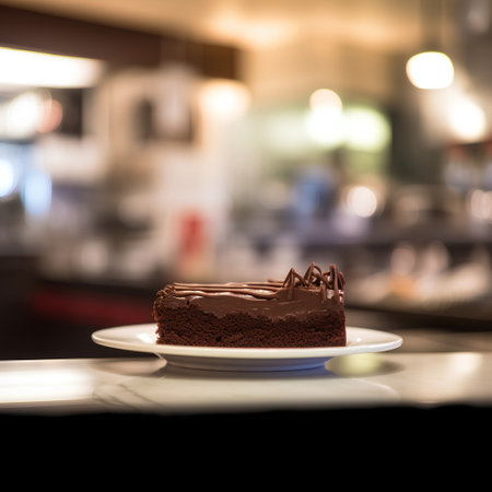 Chocolate cake on white plate in coffee shop, shallow depth of fieldの素材