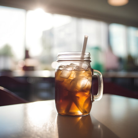 Iced tea in mason jar with straw on table in cafeの素材