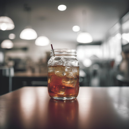 Iced tea in a glass on a table in a cafe.の素材