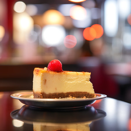 A piece of cheesecake on the table in a cafe. Selective focus.の素材