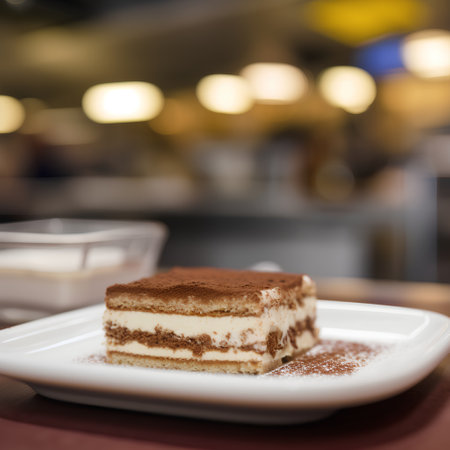 Tiramisu cake on a white plate in a coffee shopの素材