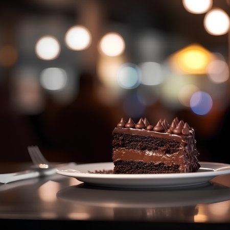 Chocolate cake on the table with bokeh lights in the backgroundの素材