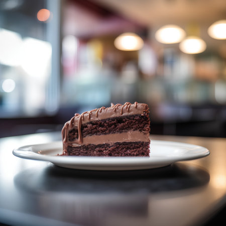 Chocolate cake on white plate with coffee shop background, shallow depth of fieldの素材