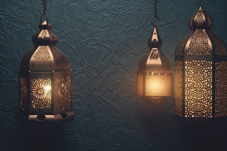 Arabic lanterns on the wall. Ramadan Kareem background.の素材