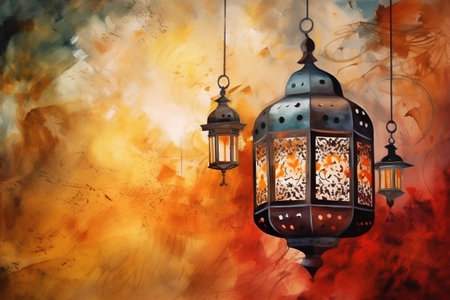 Lantern on abstract watercolor background. Ramadan Kareem backgroundの素材