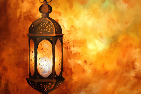Arabic lantern on grunge watercolor background with space for textの素材