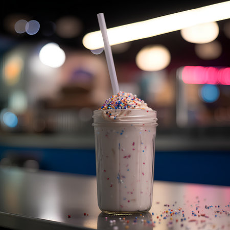 Strawberry milkshake with whipped cream and colorful sprinklesの素材