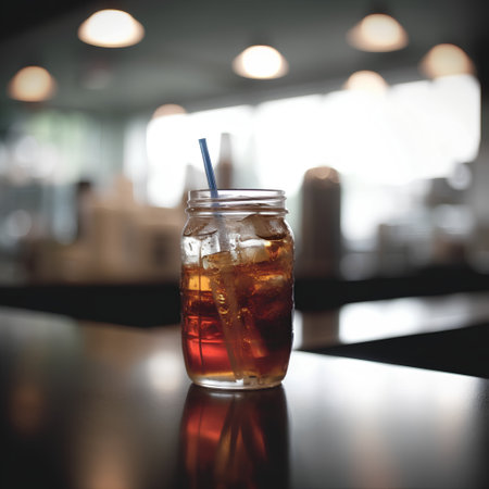 Iced cola in a glass on a table in a cafeの素材