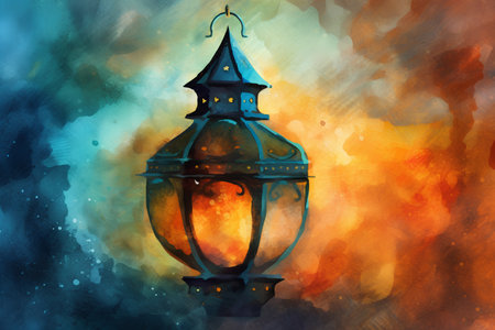Arabic lantern on watercolor background. Ramadan Kareem background.の素材