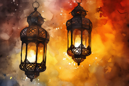 Watercolor illustration of arabic lanterns on watercolor backgroundの素材