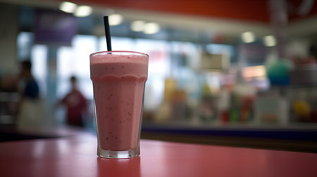 Smoothie in a glass on the table in the cafe.の素材