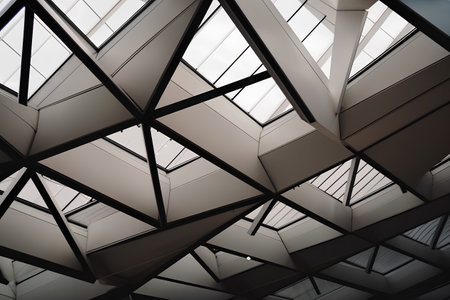 Ceiling of a modern building with white glass and black elementsの素材
