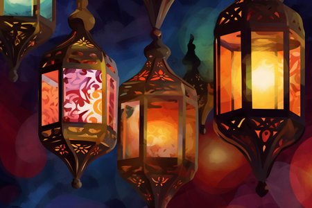 Illustration of Ramadan Kareem greeting card with traditional Arabic lanternsの素材