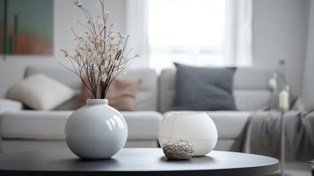 Vase with dry flowers on table in living room. Interior designの素材