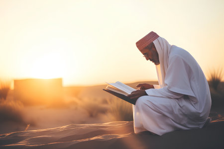 Muslim man reading a book in the middle of the desert at sunsetの素材