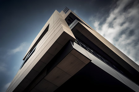 Modern business building on cloudy sky background. Architectural detail of modern architecture.の素材