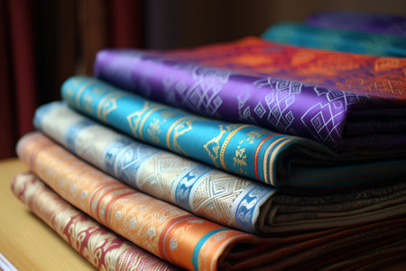 Colorful silk fabrics of different colors and shapes on a shelf in a shopの素材
