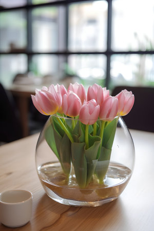Pink tulips in vase on wooden table in coffee shop.の素材
