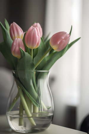 Bouquet of pink tulips in a glass vase.の素材