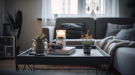 Interior of a modern living room with a coffee table, candles and plantsの素材
