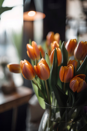 Bouquet of orange tulips in a vase on the windowsill.の素材