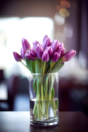 Bouquet of purple tulips in vase on table in cafeの素材